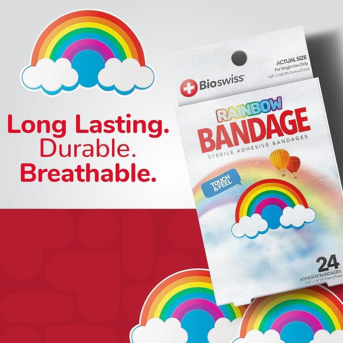 BioSwiss Bandages, Rainbow Shaped Self Adhesive Bandage, Latex Free Sterile Wound Care, Fun First Aid Kit Supplies for Kids, 24 Count-CubbioJoy