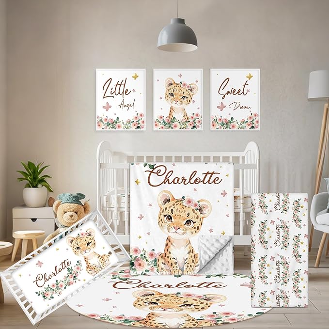 Custom Baby Crib Bedding Set, 5 Pcs Personalized Name Baby Crib Sets for Infant Toddler, Floral Leopard Nursery Bedding Set for Baby Girls, Double Layer Baby Bedding Sets Customized Gifts-CubbioJoy