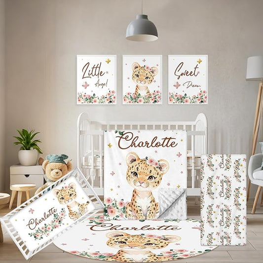 Custom Baby Crib Bedding Set, 5 Pcs Personalized Name Baby Crib Sets for Infant Toddler, Floral Leopard Nursery Bedding Set for Baby Girls, Double Layer Baby Bedding Sets Customized Gifts-CubbioJoy