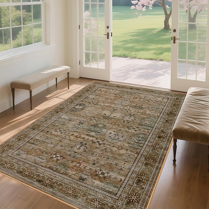 4x6 Area Rug for Bedroom Machine Washable, Non Slip Vintage Floral Kitchen Rugs for Dining Room, Low Pile Indoor Floor Print Carpet for Nursery Farmhouse Home Office Olive/Charcoal-CubbioJoy