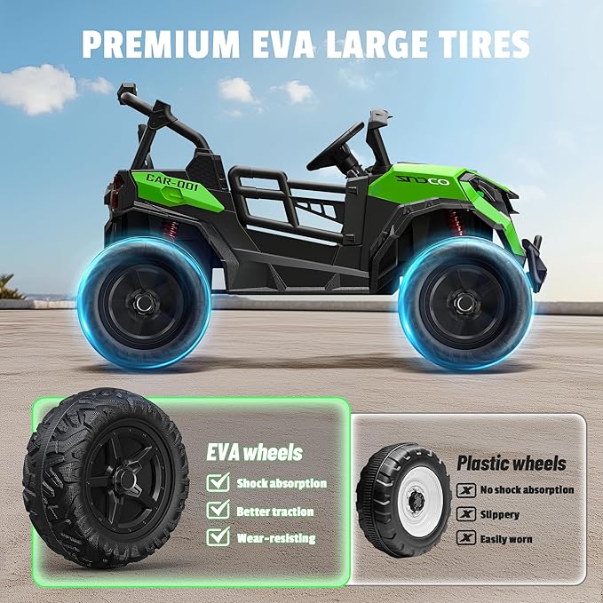 24V 2 Seater Ride on Car Truck, 4x200W, EVA Tires, Remote Control, 4WD/2WD, Rainbow Lights, Shock Absorbers, Bluetooth, Ride On UTV Toy for Kids Ages 3-8, Green-CubbioJoy