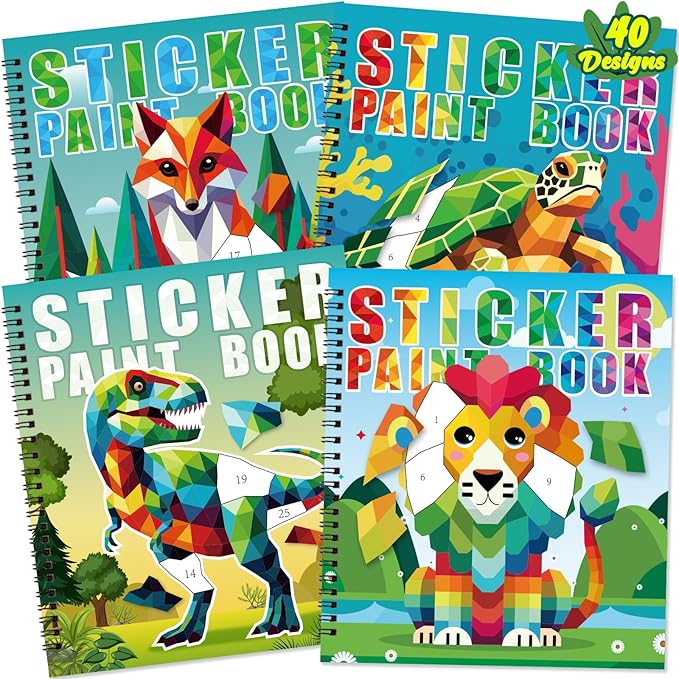 90shine 4PCS Crafts for Kids Ages 4-8 Sticker Paint Books Includes Dinosaur Marine Land Animals Multicolored Design Gifts Create 40 Pictures-CubbioJoy