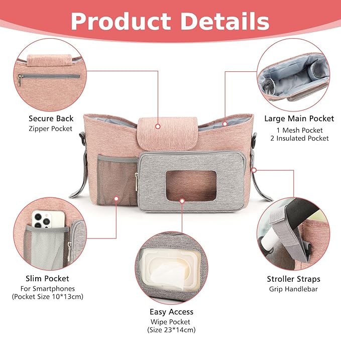 Accmor Universal Stroller Organizer with Insulated Cup Holder, Stroller Caddy Bag Accessories, Stroller Cup Holder Organizer for Uppababy Baby Jogger Britax Stroller, Pink-CubbioJoy