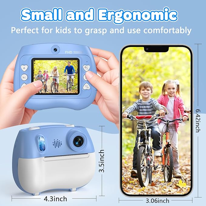 Instant Print Camera for Kids - Front Rear Dual Selfie Kid Print Camera, Fun Birthday Gift for Boys Ages 3-12, HD Digital Video Cameras, Easy to Use for Toddler - Blue-CubbioJoy