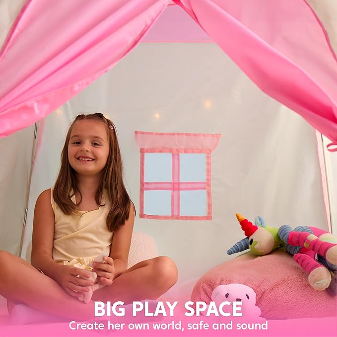 JOYIN Pink Princess Tent for Girls with LED Star Lights-Indoor & Outdoor Large Playhouse Kids Castle Play Tent for Children Indoor and Outdoor Games-CubbioJoy