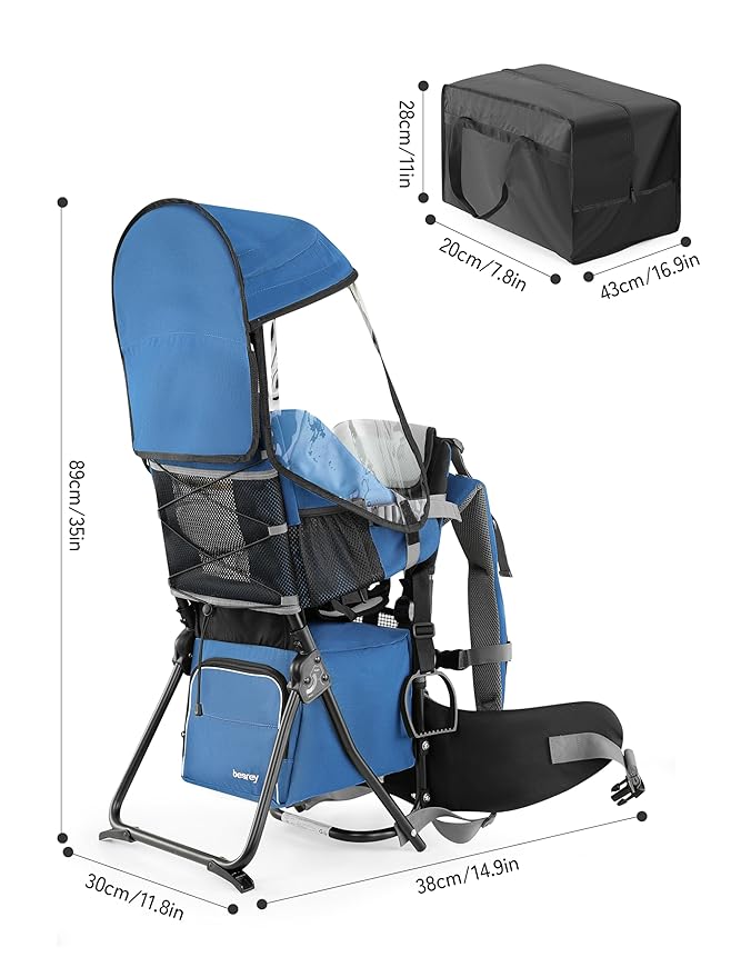 besrey Baby Backpack Carrier, Toddler Hiking Backpack with Safety 3-Height Seat, Adjustable Straps&Waist Belt, Foldable Frame Lightweight Large Capacity Child Carrier for Hiking (Klevin Blue)-CubbioJoy