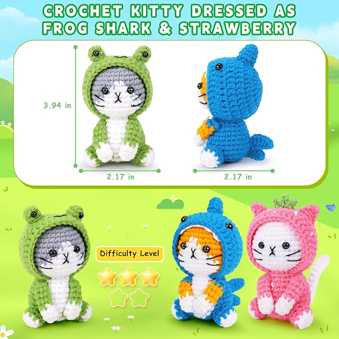 Crochet Kit for Beginners - 3 PCS Crochet Kits with Step-by-Step Video Tutorials, Beginner Crochet Kit for Adults Kid, Crochet Animal Kit for Starters, Cat Dressed as Shark Frog Strawberry-CubbioJoy