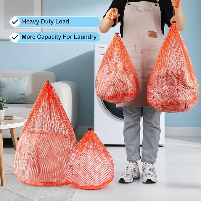 4Pcs Mesh Laundry Bags Washing Machine Mesh Wash Bags for Clothes,Underwear,Lingerie, Bed Linen with Drawstring Closure Sturdy(4 Size, Orange)-CubbioJoy