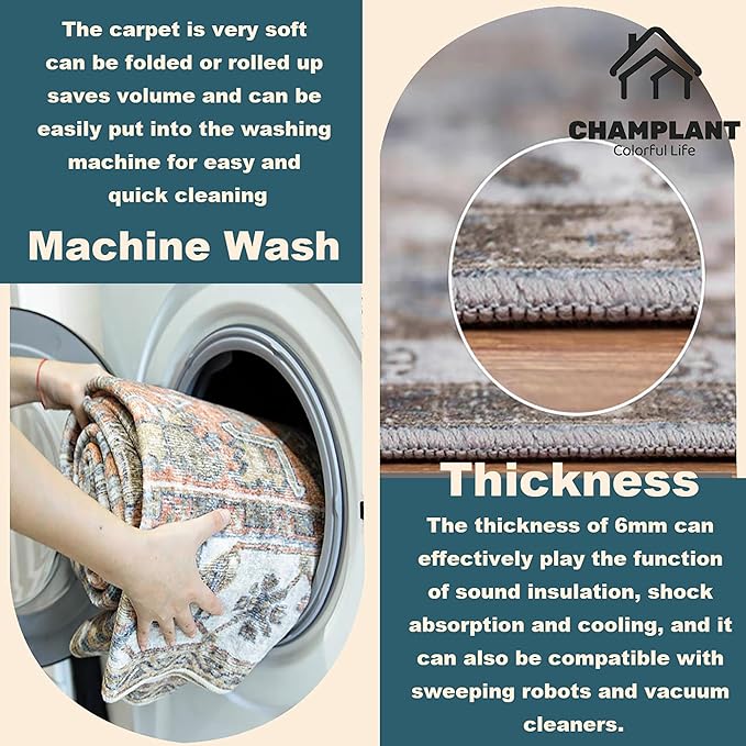 Area Rug 9x12 Washable Brown Vintage Traditional Mat Distressed Indoor Foldable Thin Retro Accent Floral Non Slip Carpet for Living Room Dining Room Office-CubbioJoy