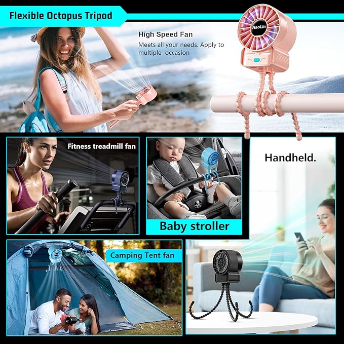 2 Pack Multifunctional Portable Stroller Fan 4 Speed 6600rpm High Speed Usb Rechargeable Personal Mini Handheld Fan Extended Tripod For Desktop Winding Kids Bed Treadmill Bike Golf Cart Outdoor Travel-CubbioJoy
