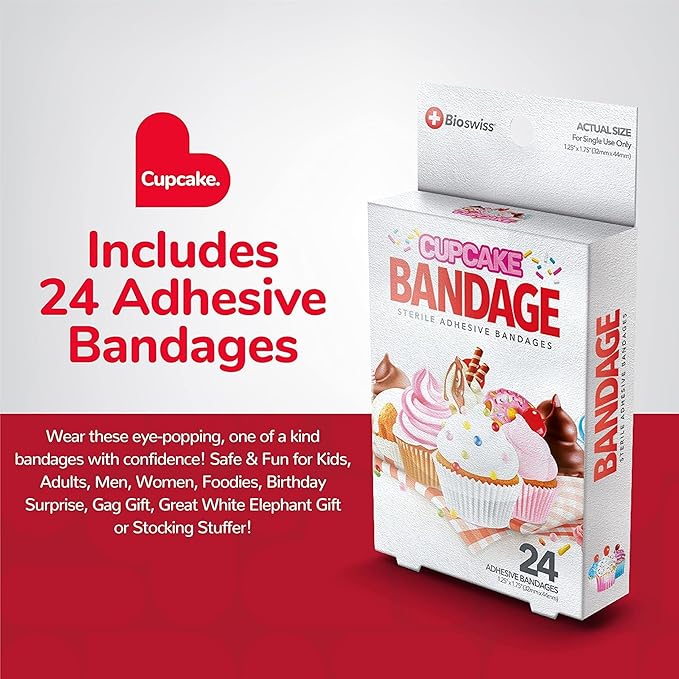 BioSwiss Bandages, Cupcake Shaped Self Adhesive Bandage, Latex Free Sterile Wound Care, Fun First Aid Kit Supplies for Kids, 24 Count-CubbioJoy