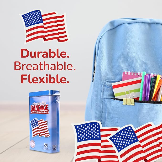 BioSwiss Bandages, American Flag Shaped Self Adhesive Bandage, Latex Free Wound Care, Fun First Aid Kit Supplies for Kids and Adults, 50 Count-CubbioJoy