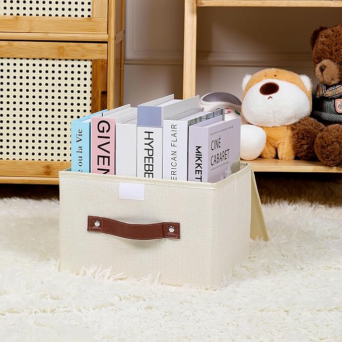 ANMINY Storage Bin with Lid Storage Boxes with PU Leather Handles PP Plastic Board Decorative Foldable Lidded Cotton Linen Fabric Home Cubes Baskets Closet Organizer Container - Beige, Small Size-CubbioJoy