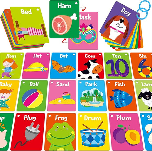 52 PCS Word Flashcards, 52 CVC Words & 52 CVCC, CCVC Words Double-Sided Cards with 2 Rings, Vocabulary Phonics Learning, Educational Tool for Preschool, Kindergarten, Toddlers-CubbioJoy