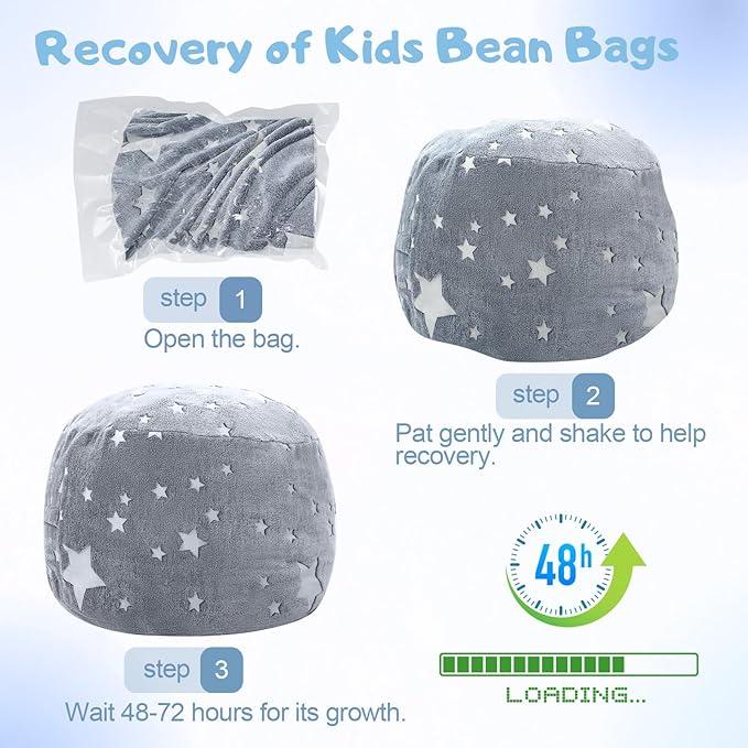 COMAX Kids Bean Bag Chair Turn into Beanbag Bed, Unicorn Toddler Bean Chair for Girl Boy Sleeping, Lazy Children Sofa Couch with Filler, Convertible Child Floor Mattress, Glowing Grey Star-CubbioJoy