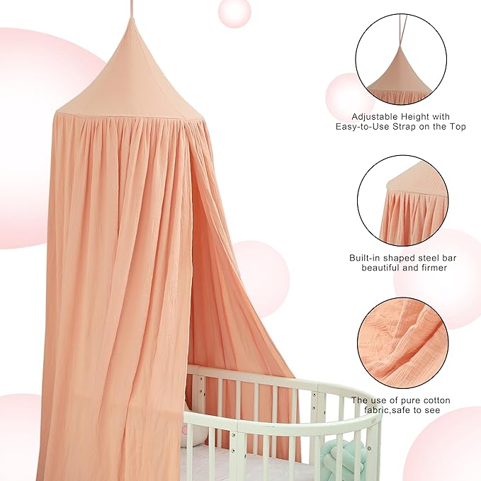 Cotton Kids Bed Canopy, Nursery Room Baby Crib Hanging Curtain Mosquito Net Hideaway Bedding Children Reading Nook Decoration, Pastel Neutral Color for Boys & Girls (Khaki)-CubbioJoy