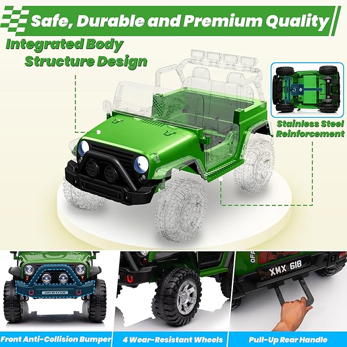 24V 4WD Ride on Truck Car w/800W Motors, Gift Flower, Remote Control, 2 Seaters, Light Bar, 3 Speeds, Pop Music, Power Four Wheels, 24 Volt Ride on Toy Car for Big Kids, Green-CubbioJoy