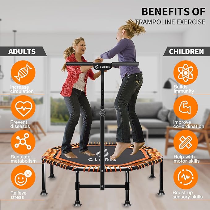 CLORIS 38in/48in Folding Trampoline - Max Load 220lbs / 450lbs Mini Trampoline Rebounder Trampoline for Adults with Adjustable Foam Handle, with safty Padded Cover Best Gift for Kids/Adult-CubbioJoy
