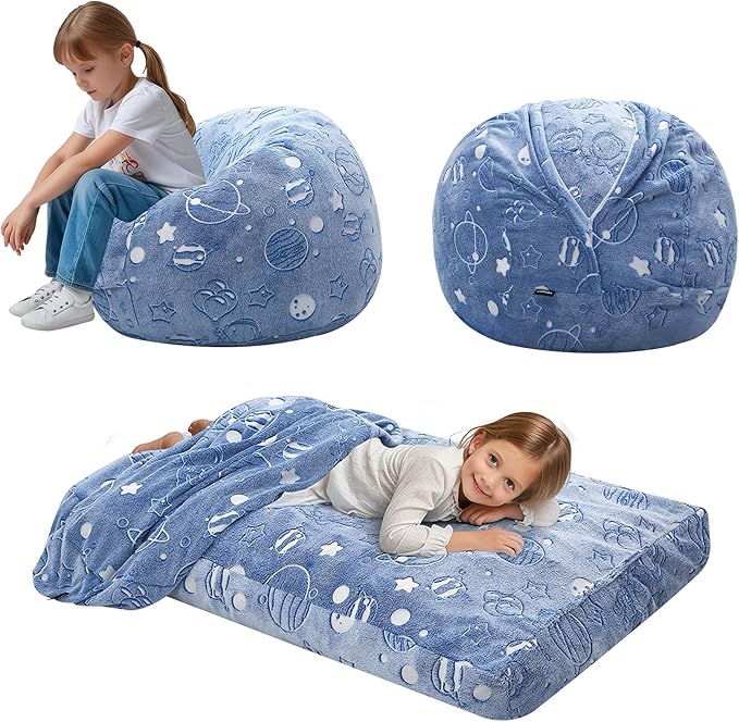 COMAX Kids Bean Bag Chair Turn into Beanbag Bed, Unicorn Toddler Bean Chair for Girl Boy Sleeping, Lazy Children Sofa Couch with Filler, Convertible Child Floor Mattress, Glowing Space-CubbioJoy