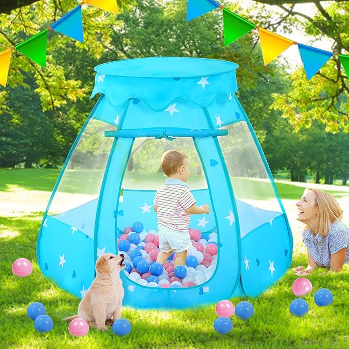Baby Ball Pit for Toddler with 50 Balls, Kids Pop Up Play Tent for Girls, Princess Toys for Children Indoor & Outdoor Playhouse with Carry Bag (Bule: Pink/White/Babyblue, 109x90cm/50 Balls)-CubbioJoy