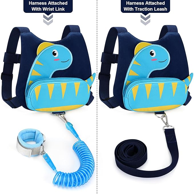 Accmor Toddler Harness with Leash, Cute Dinosaur Kids Leashes + Anti Lost Wrist Link, Children Walking Harnesses Tether Restraint Belt, Keep Child Close Hand Strap for Baby Boys Girls Outdoor Travel-CubbioJoy