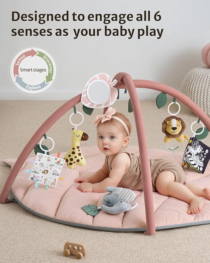 Blissful Diary Baby Play Gym & Activity Mat, Oversize Leaf Shaped Tummy Time Baby Play Mat w 6 Detachable Toys Promotes Motor Skills & Sensory Development, Newborn Infant Essentials Gift, Crystal Pink-CubbioJoy