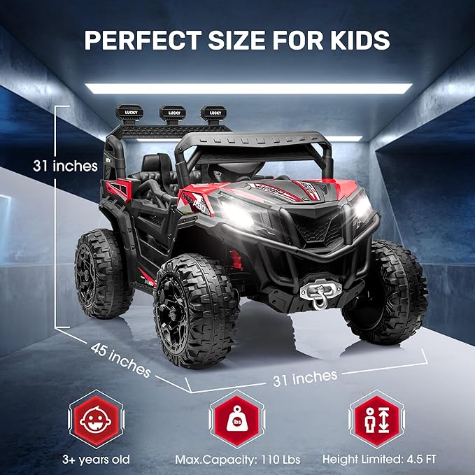 ANPABO 24V 4X4 Ride on Car Truck w/Remote Control, 4WD/2WD Switchable Kids UTV, 19" Spacious Seat, 4 Shock Absorbers, Soft Start, Music Player, Electric Car for Kids Ages 3+(Red)-CubbioJoy