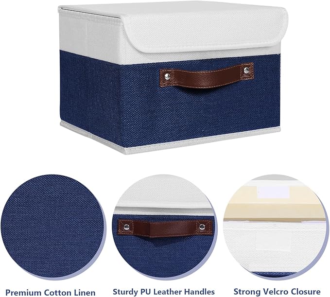 ANMINY 2PCS Storage Boxes with Lid Washable Decorative Storage Bin Basket with PU Leather Handle Foldable Linen Fabric Storage Cube Container for Home Closet Organizer - Deep Blue White, Small Size-CubbioJoy