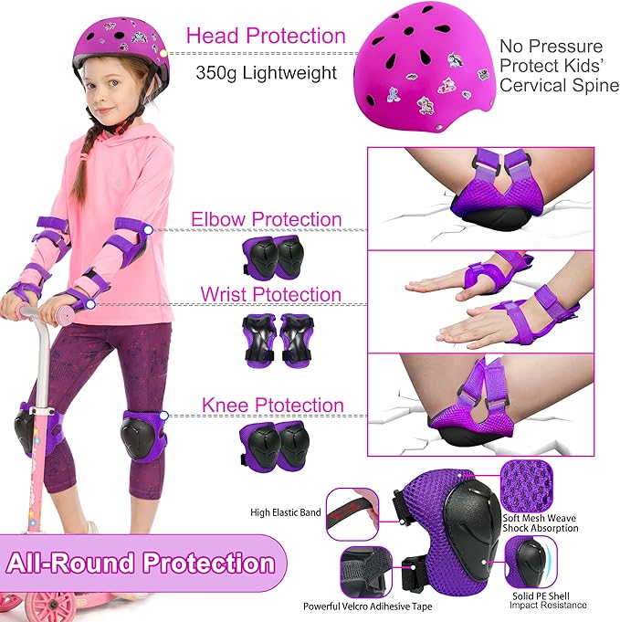 Kids Bike Helmet with DIY Stickers and Knee Pads Elbow Pads Wrist Guard Set for Ages 3-8-14 Toddler Boys Girls Helmet for Roller Skates Cycling Skateboarding Bicycle Scooter-CubbioJoy