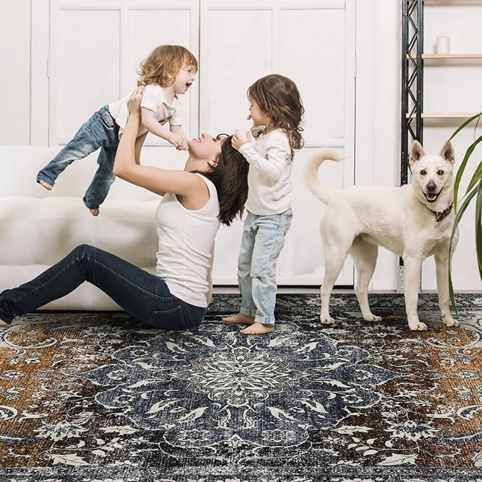 9x12 Area Rug Living Room Rugs, Stain Resistant Washable Rug, Vintage Large Non-Slip Backing, Low Pile Lightweight Print Rug for Bedroom Dinning Room Home Office (Tan/Gray)-CubbioJoy