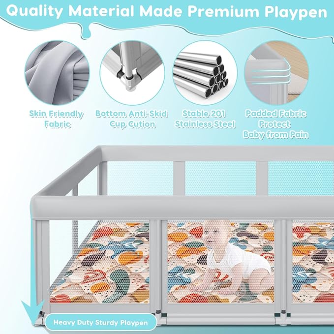 74" ×50" Large Baby Playpen, Baby Playard for Babies and Toddlers, Play Pens for Indoor & Outdoor, Sturdy Safety Play Yard with Soft Breathable Mesh, Anti-Fall, Grey (with MAT)-CubbioJoy