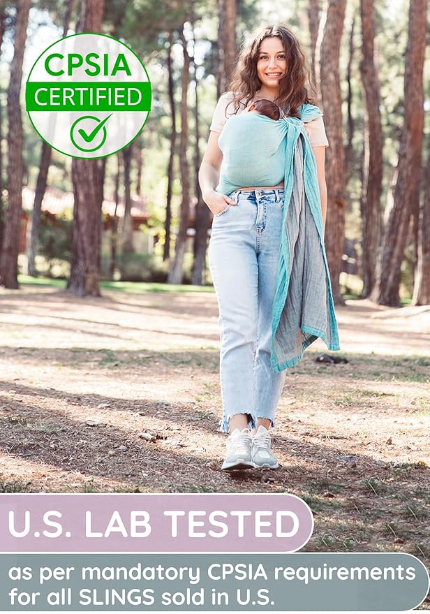 Baby Sling Carrier – Breathable 100% Cotton Wrap for Infant Support, Ring Sling Baby Carrier – Grey Turquoise Adjustable Muslin Fabric – Soft Chest Hold for Travel-CubbioJoy