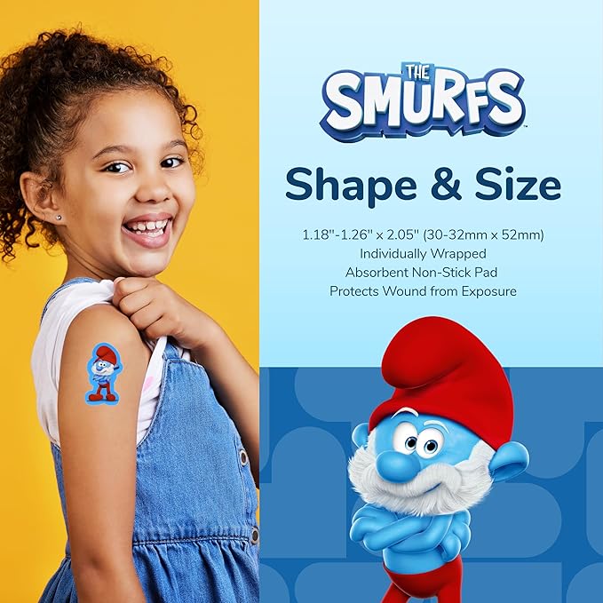 BioSwiss Bandages, The Smurfs Shaped Self Adhesive Bandage, Latex Free Sterile Wound Care, Fun First Aid Kit Supplies for Kids and Adults, 100 Count Box-CubbioJoy