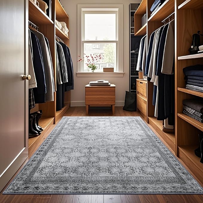 4x6 Area Rug for Bedroom Machine Washable, Non Slip Vintage Floral Kitchen Rugs for Dining Room,Rustic Indoor Floor Carpet for Kids Room, Playroom, Office Classroom Faded Grey-CubbioJoy