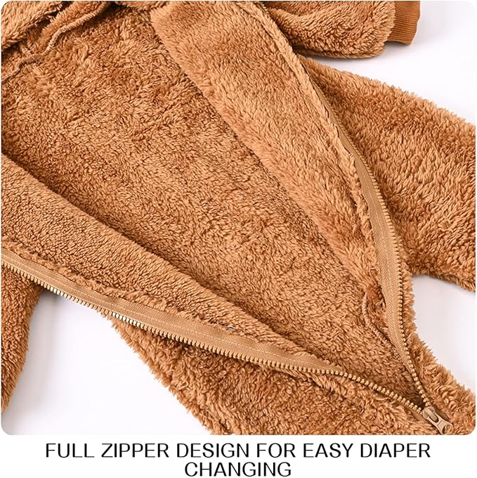 Baby Fleece Jumpsuits Infant Bear Ear Snowsuit Newborn Hooded Romper Warm Coat-CubbioJoy