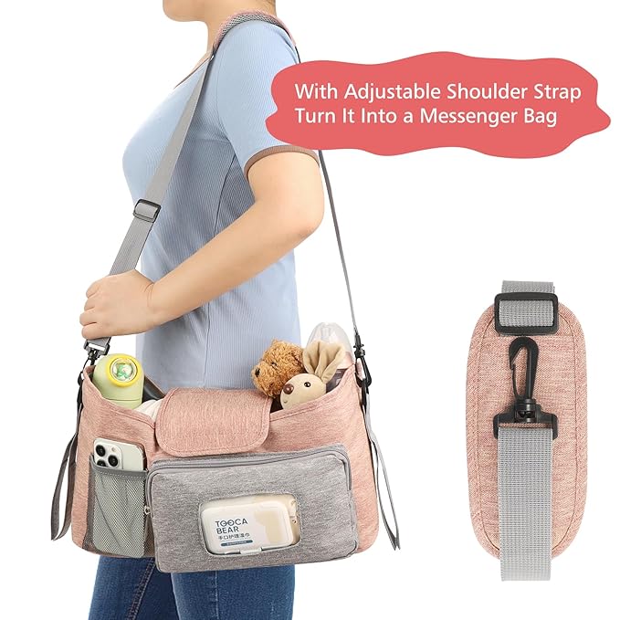 Accmor Universal Stroller Organizer with Insulated Cup Holder, Stroller Caddy Bag Accessories, Stroller Cup Holder Organizer for Uppababy Baby Jogger Britax Stroller, Pink-CubbioJoy