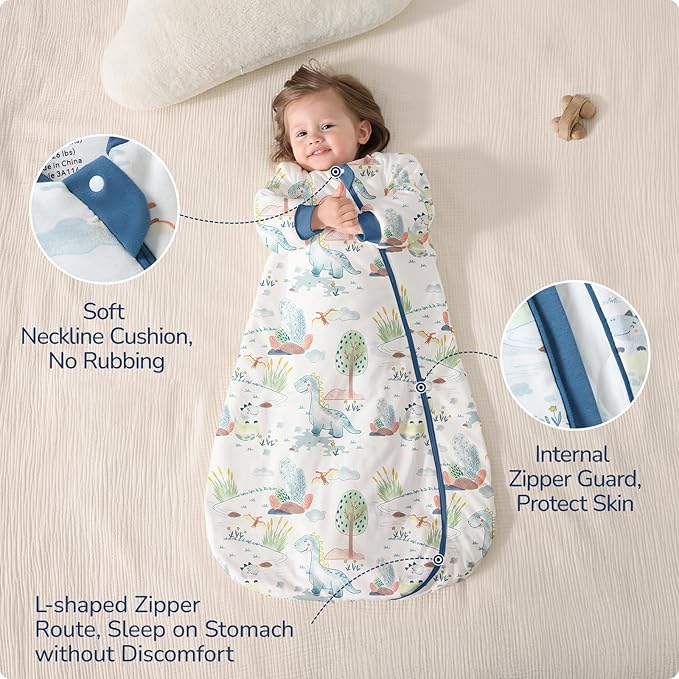 Baby Sleep Sack 3-6 Months, Cotton Detachable Long Sleeve Sleep Sack, 2.5 Tog Toddler Sleeping Sack with Temperature Strips, 2-Way Zipper Wearable Blankets for Newborns, Dinosaur-CubbioJoy