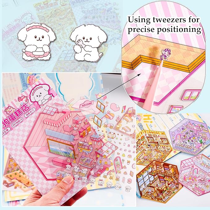 4 Sets DIY 3D House Sticker Make Your Own Mini Flower Shop, Bookstore, Cake Shop, Burger Shop Scenes Stickers for Kids Cartoon Scene Stickers for Adult Relief Stress Pass The Time-CubbioJoy