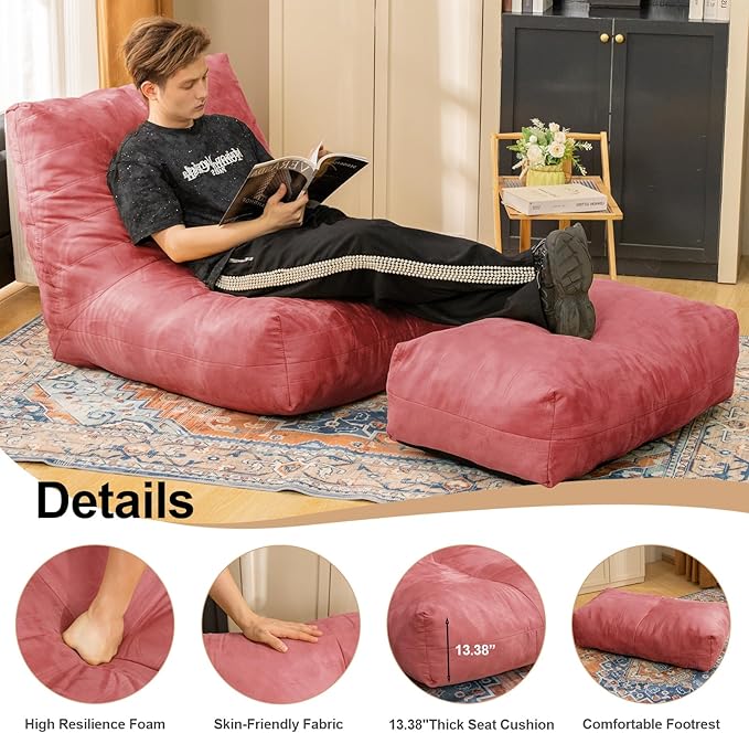Bean Bag Chair with Ottoman, Comfy Bean Bag Sofa with Memory Foam, Lazy BeanBag Sofa with Footstool, Fireside Bean Bag Couch for Living Room, Bedroom, Apartment-CubbioJoy