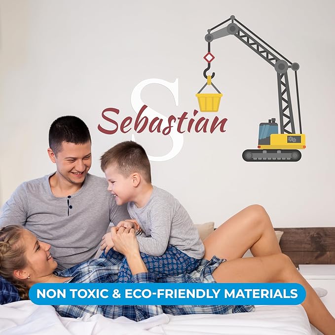 CRYPTONITE Custom Toddler Construction Crane Wall Decal I Personalized Name & Initial I Nursery Decor I Polyvinyl Chloride Sticker - Made in USA (Medium, Multicolor Options)-CubbioJoy