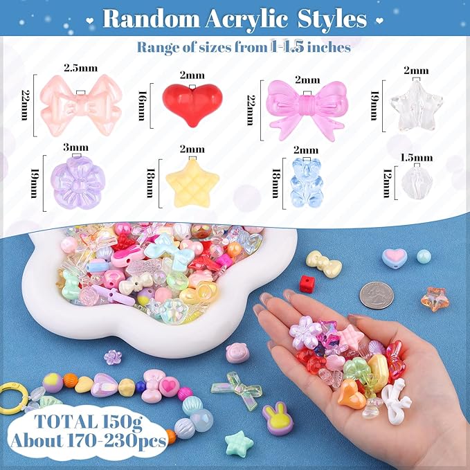Assorted 170-230PCS Mixed Colors Acrylic Beads for Bracelet Making, Flower Bow Butterfly GummyBear Aesthetic Bracelet Charms,Cute Beads for Jewelry Making DIY Necklace Keychain Phone Charm-CubbioJoy