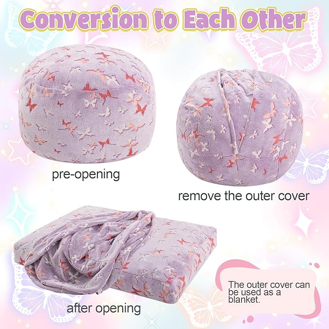 COMAX Kids Bean Bag Chair Turn into Beanbag Bed, Toddler Bean Chair for Girl Boy Sleeping, Lazy Children Bean Bags with Filler, Convertible Child Floor Mattress, Purple Butterfly-CubbioJoy