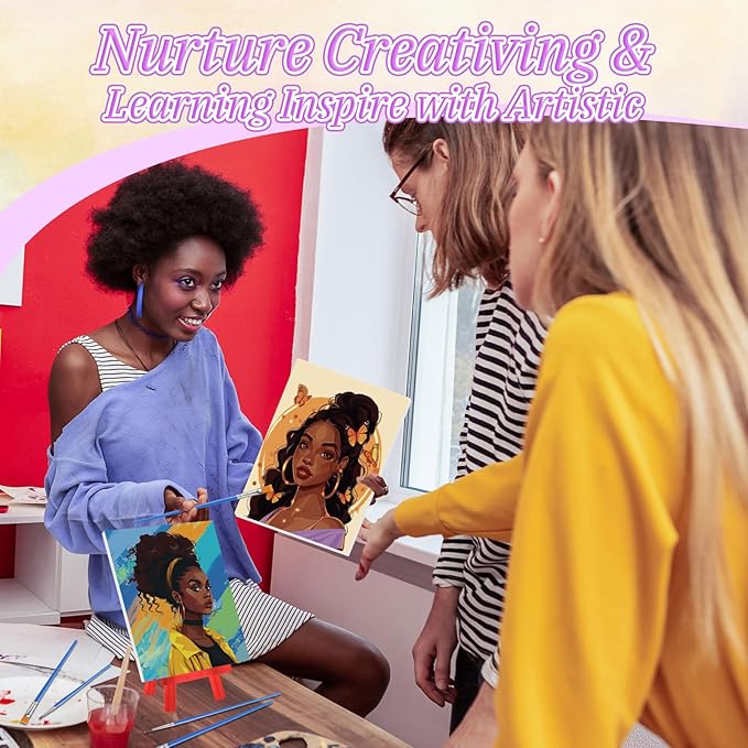 Blosssound 10 Set Pre Printed Canvas Pre Drawn Canvas Painting with Easel Kits 5" x 7" Outline Painting Panels for Beginners, DIY Craft Project, Party Favor, Home Decors(Black Women)-CubbioJoy