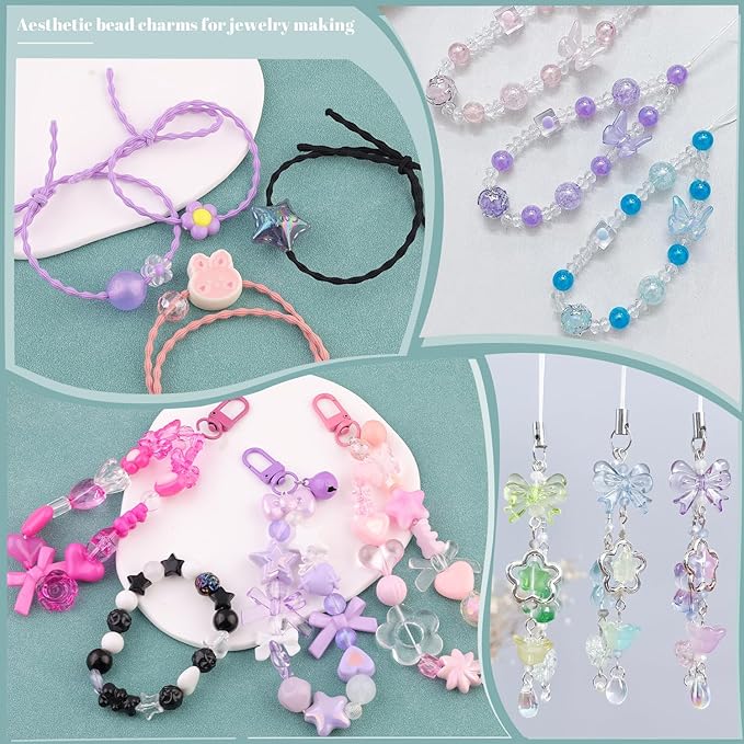 Assorted 180-240PCS Acrylic Beads for Bracelet Making,Flower Bow Butterfly Candy GummyBear Kawaii Aesthetic Bracelet Charms, Cute Beads for Jewelry Making Necklace Keychain Phone Charms DIY-CubbioJoy