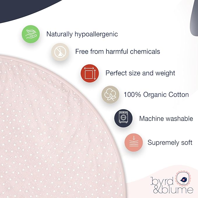 Byrd & Blume Round Baby Play Mat, Organic Cotton Soft Padded Nursery Floor Mat, Safe Hypoallergenic Baby Mat, Reversible, Foldable, Portable Infant Tummy Time Mat Fits Tents & Playpens (40"x40") Pink-CubbioJoy