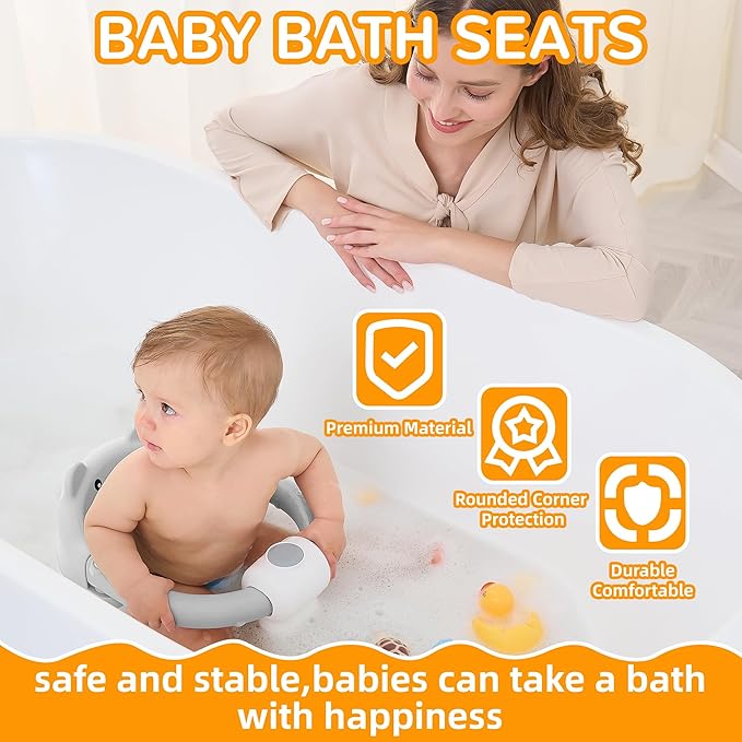 Baby Bath Seat for Babies 6 Months & up, Non-Slip Toddler Bath Seats for Babies Sitting Up, Safe Infant & Newborn Bathtub Chair with 4 Suction Cups & Soft Cushion for Shower,Gray-CubbioJoy