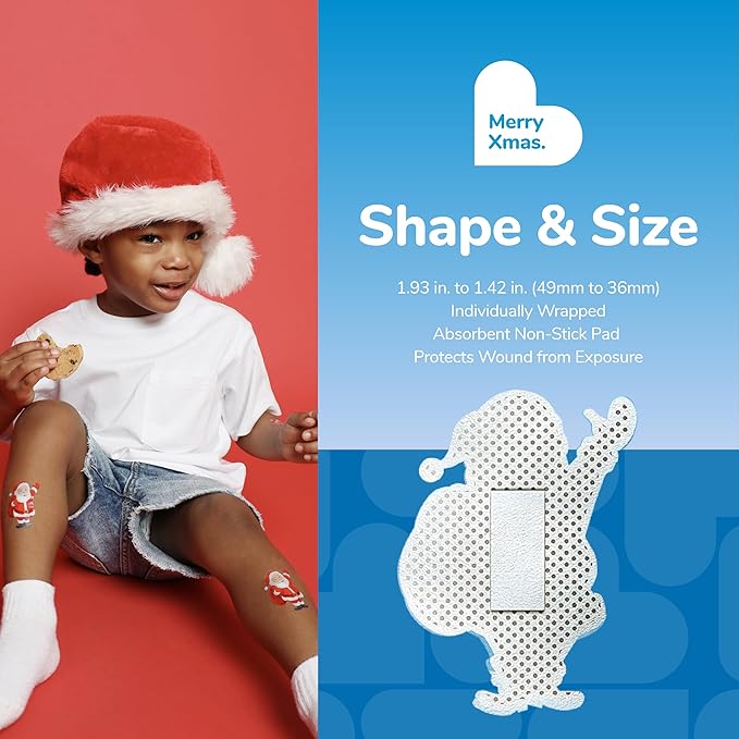 BioSwiss Bandages, Santa Claus Shaped Self Adhesive Bandage, Latex Free Sterile Wound Care, Fun First Aid Kit Supplies for Kids, 24 Count-CubbioJoy