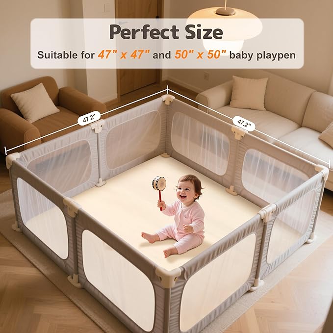 Baby Play Mat 47x47 Inches, Extra Thick 1.2" Foam Floor Mat for Tummy Time & Crawling, Waterproof Non-Slip Faux Leather Playpen Mat for Infants Toddlers, Indoor Outdoor Gym Activity, Beige-CubbioJoy
