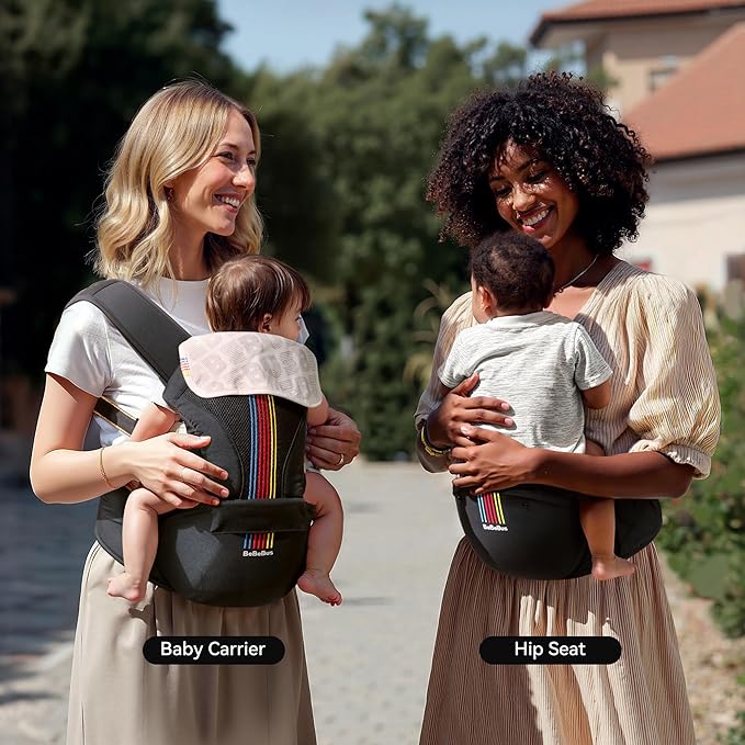Baby Carrier with Hip Seat, BeBeBus 2-in-1 Ergonomic Newborn to Toddler Carrier up to 44 lbs, Detachable Hands-Free for Infant, All Season Forward-Facing Carry, Fits Waist Sizes up to 38 inch (Black)-CubbioJoy
