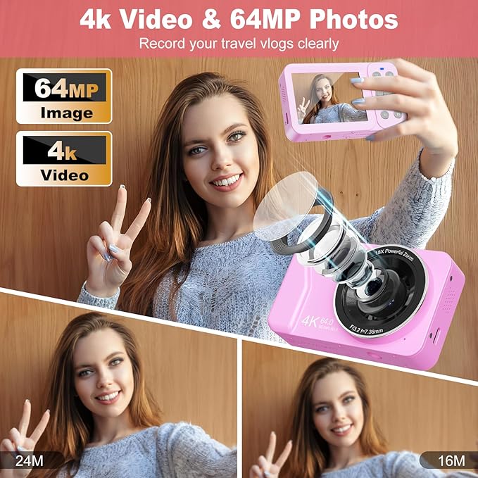 Digital Camera, 4K 64MP, 18X Zoom, Point and Shoot Digital Camera with 64GB TF Card & 2 Batteries, Portable Rechargeable Small Camera for Kids Teens Adult, Purple-CubbioJoy